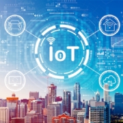 IoT theme with downtown Chicago cityscape skyscrapers