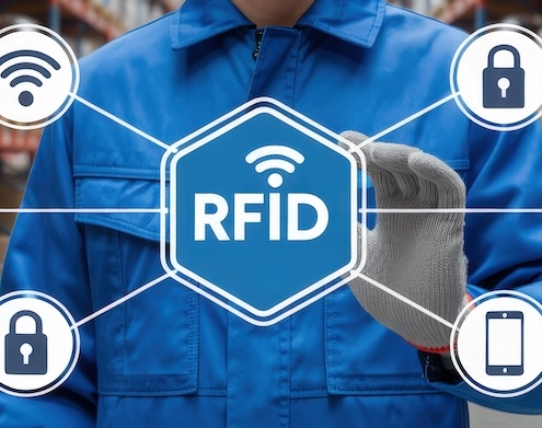 Worker in a warehouse interacts with a graphical user interface displaying RFID technology and various connected devices. The image illustrates the integration of RFID systems into warehouse operations.