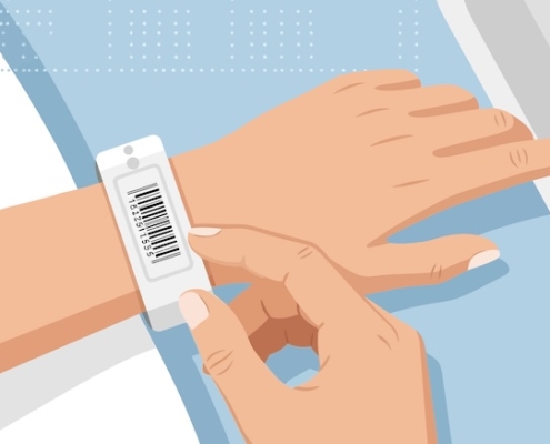 RFiD Discovery Patient's Barcode Id Wristband Identification With Bed In Hospital Room Illustration
